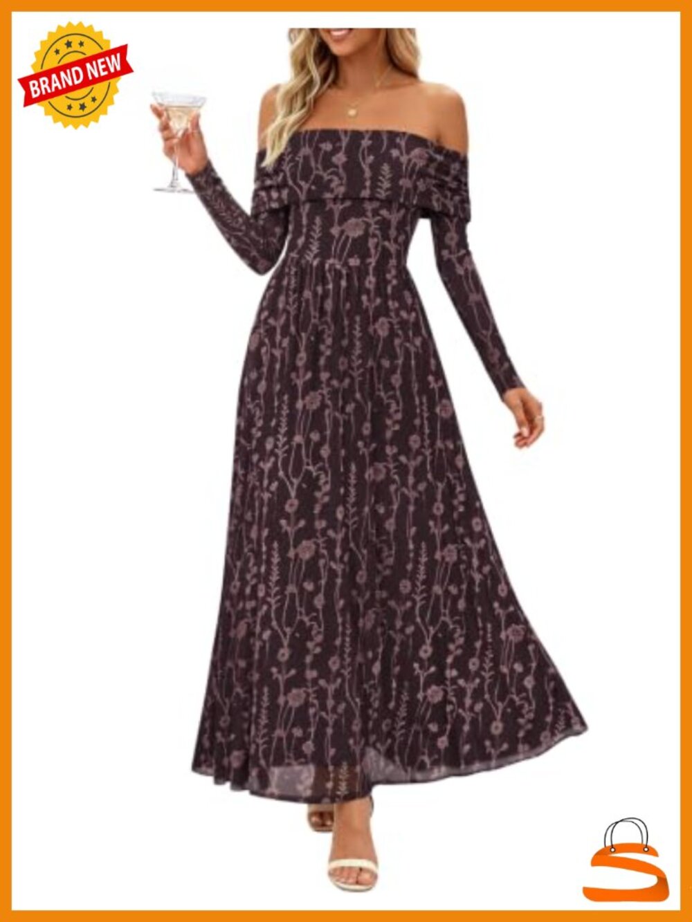 Off Shoulder Long Sleeve Floral Maxi Dress Wedding Guest Formal